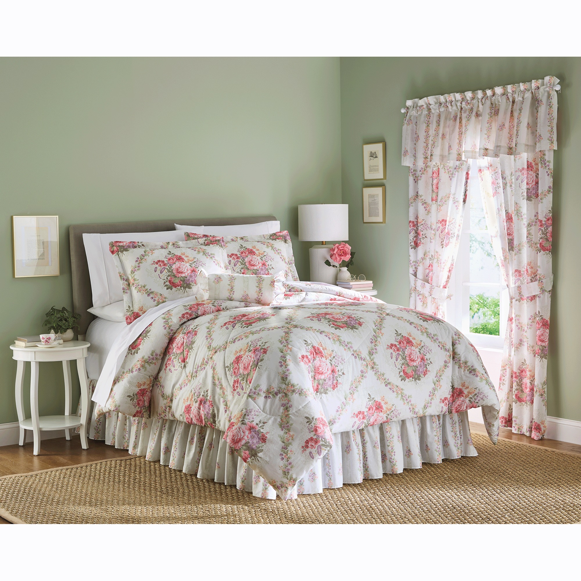 Scarborough Bouquet Comforter Set, Neckroll Pillow and Window Treatments